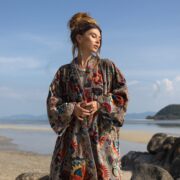 Cotton Velvet Kimono: Boho Floral Print Maxi Coat - Kalina - Image 4