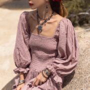 Boho Wedding Dress: Raw Cotton Tiered Gown with Long Sleeves - Isabella - Image 6