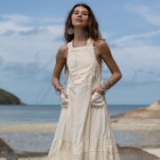 Handmade Boho Apron Maxi Dress: Moonstone Cream Patchwork Cotton Halter Sundress - Binsa - Image 5