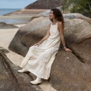 Handmade Boho Apron Maxi Dress: Moonstone Cream Patchwork Cotton Halter Sundress - Binsa - Image 6