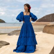 Boho Wedding Dress: Raw Cotton Tiered Gown with Long Sleeves - Isabella