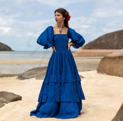 Boho Wedding Dress: Raw Cotton Tiered Gown with Long Sleeves - Isabella