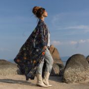 Handcrafted Cotton Canvas Kimono Duster: Celestial Patchwork, Boho Chic - Kosmos - Image 2