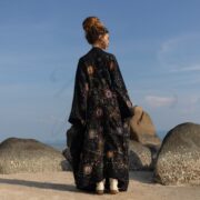 Boho Embroidered Denim Kimono Duster: Kosmos Stonewash Tie-Dye - Kosmos - Image 3
