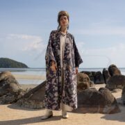 Floral Cotton Velvet Kimono Coat: Maxi Duster with Pockets - Mai