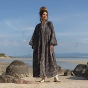 Cotton Velvet Kimono Coat: Floral Print Maxi Duster with Pockets - Mai