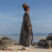 Cotton Velvet Kimono Coat: Floral Print Maxi Duster with Pockets - Mai - Image 2