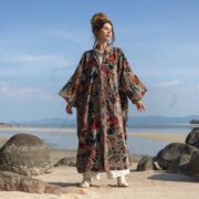 Cotton Velvet Kimono: Boho Floral Print Maxi Coat - Kalina