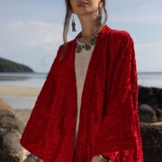 Embroidered Velvet Kimono: Boho Maxi Duster with Detachable Waistband - Mai - Image 4