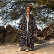 Embroidered Velvet Kimono: Boho Maxi Duster with Detachable Waistband - Mai
