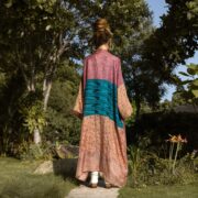 Vintage Silk Kimono Duster: Red Floral Boho Robe, Upcycled Sari Jacket - Mai - Image 3