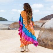 Hand Tie-Dye Cotton Tunic Top: Rainbow Poncho, Plus Size Bohemian Cover-Up - Cleo - Image 3