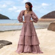 Boho Wedding Dress: Raw Cotton Tiered Gown with Long Sleeves - Isabella