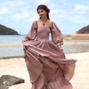 Boho Wedding Dress: Raw Cotton Tiered Gown with Long Sleeves - Isabella - Image 4