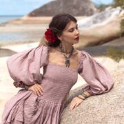 Boho Wedding Dress: Raw Cotton Tiered Gown with Long Sleeves - Isabella - Image 5