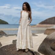 Handmade Boho Apron Maxi Dress: Moonstone Cream Patchwork Cotton Halter Sundress - Binsa
