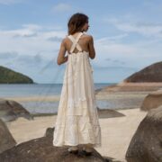 Handmade Boho Apron Maxi Dress: Moonstone Cream Patchwork Cotton Halter Sundress - Binsa - Image 3