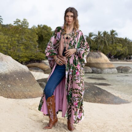 Floral Velvet Kimono: Jade Green Boho Maxi Duster - Harper Jade