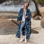 Floral Velvet Kimono Coat – Maxi Boho Duster with Cotton Lining | ZinniaPearl
