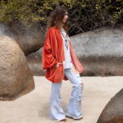 Sunset Orange Velvet Kimono: Handmade Boho Jacket - Mei - Image 2