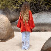 Sunset Orange Velvet Kimono: Handmade Boho Jacket - Mei - Image 3