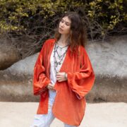 Sunset Orange Velvet Kimono: Handmade Boho Jacket - Mei - Image 4