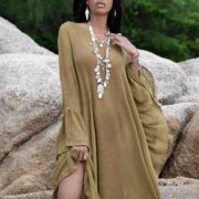 Earth Moss Cotton Kaftan Dress: Boho Beach Cover-Up, Plus Inclusive - Ondine - Image 4