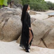 Raven Black Ondine Kaftan Dress: Plus Size Beach Cover-Up | Butterfly Mesh | Ruffled Sleeves | Flowy Maxi for Resort, Vacation, or Party - Image 2