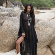 Raven Black Ondine Kaftan Dress: Plus Size Beach Cover-Up | Butterfly Mesh | Ruffled Sleeves | Flowy Maxi for Resort, Vacation, or Party - Image 4
