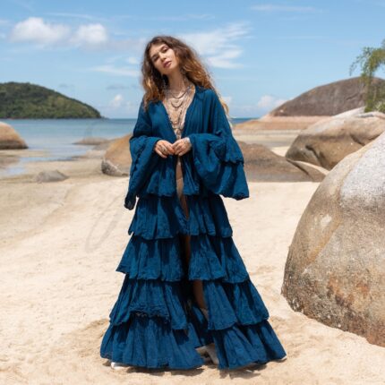 Boho Ruffled Raw Cotton Kimono Duster - Handcrafted Bali Style