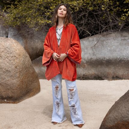 Sunset Orange Velvet Kimono: Handmade Boho Jacket - Mei