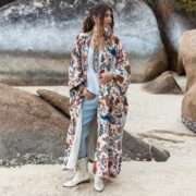 Floral Cotton Velvet Kimono: Boho Maxi Duster Coat - Harper Jade