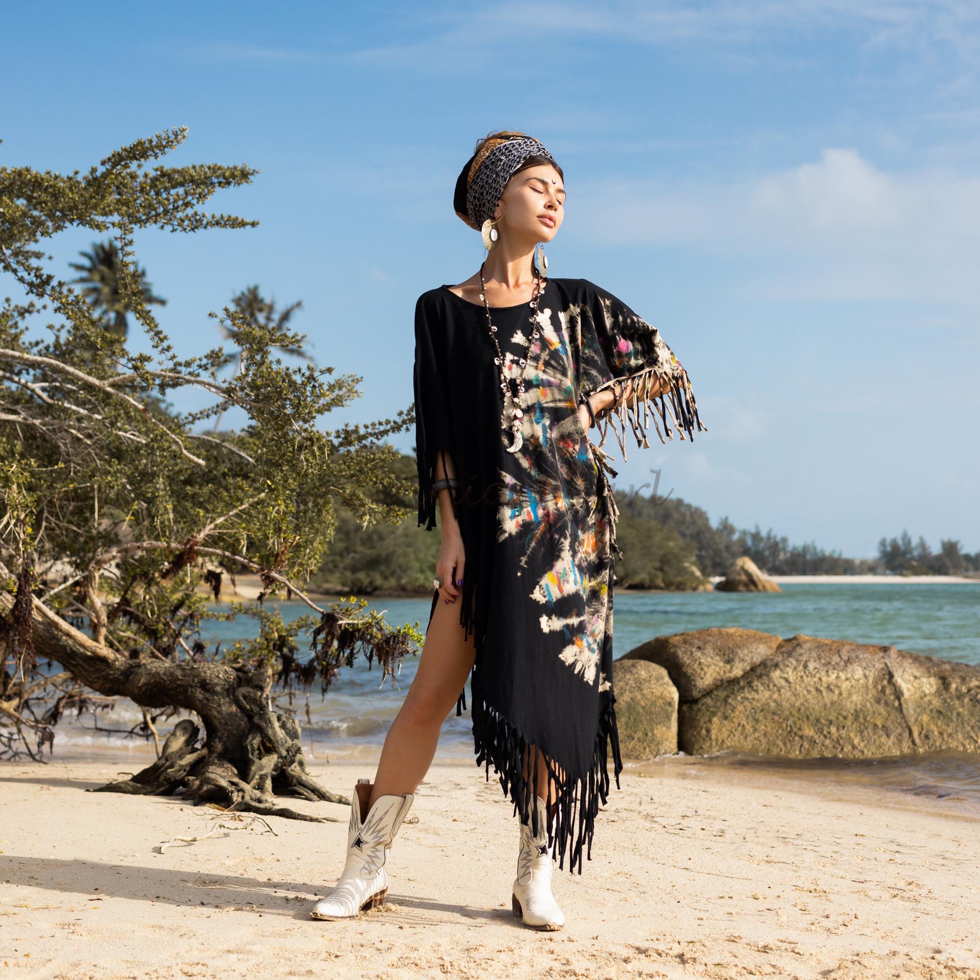 il_fullxfull.6288639282_j4b3.jpg Tie-Dye Cotton Poncho Dress: Boho Fringe Festival Cover-Up - Arlo - Image 1