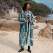 Plus Size Velvet Kimono Duster: Floral Print Cotton Lining, Handmade - Mai