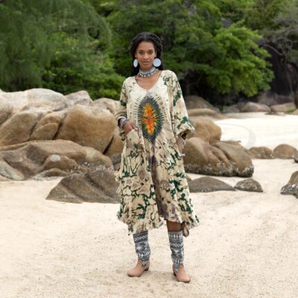 Handcrafted Tie-Dye Tunic Dress: Boho Kaftan with Ruffled Sleeves - Mystic