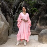 Boho Ruffle Maxi Kaftan: Pink Viscose Beach Cover-Up - Wild Heart