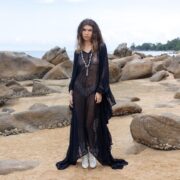 Raven Black Ondine Kaftan Dress: Plus Size Beach Cover-Up | Butterfly Mesh | Ruffled Sleeves | Flowy Maxi for Resort, Vacation, or Party