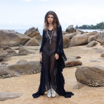 Raven Black Ondine Kaftan Dress: Plus Size Beach Cover-Up | Butterfly Mesh | Ruffled Sleeves | Flowy Maxi for Resort, Vacation, or Party