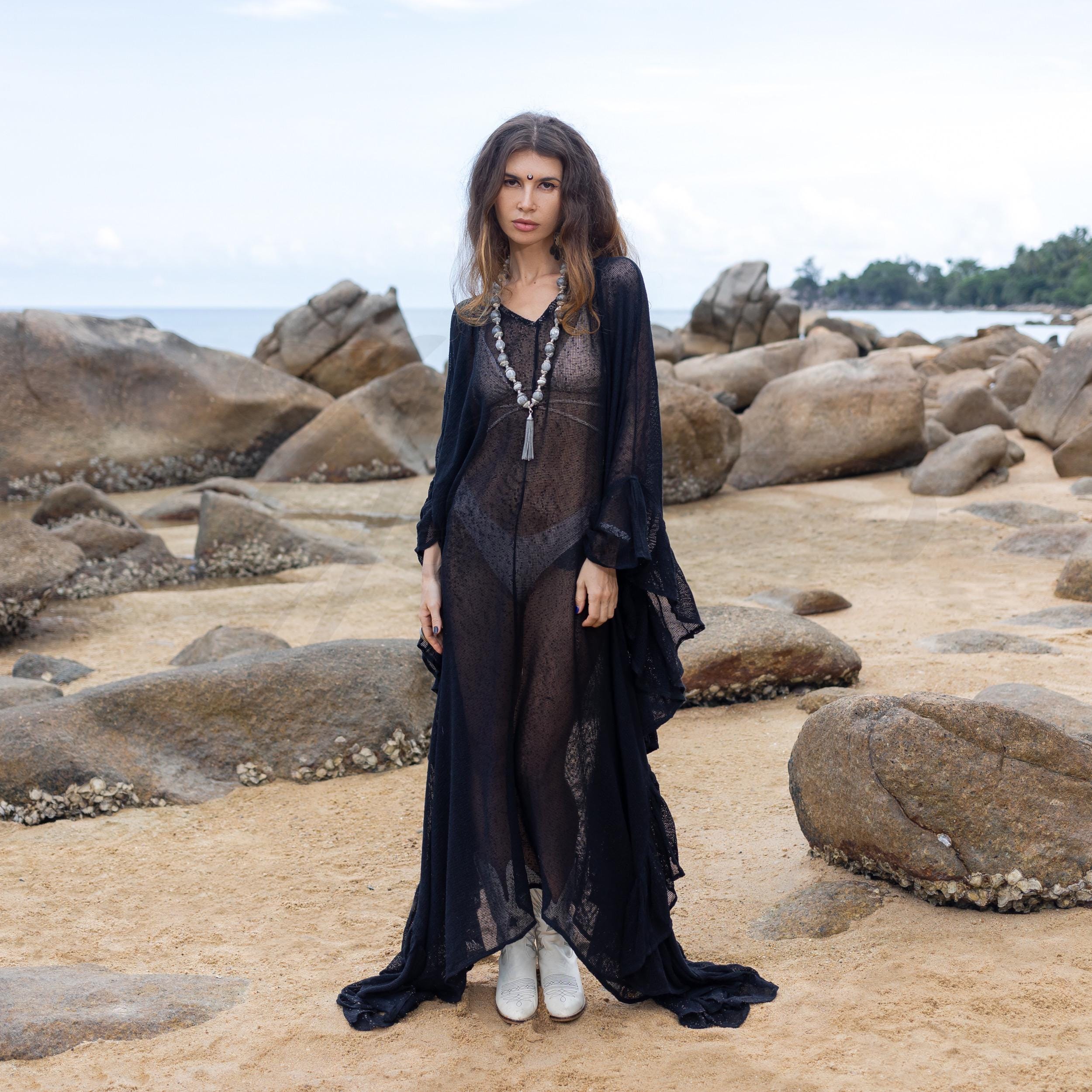 il_fullxfull.6338789812_h1ll.jpg Raven Black Ondine Kaftan Dress: Plus Size Beach Cover-Up | Butterfly Mesh | Ruffled Sleeves | Flowy Maxi for Resort, Vacation, or Party - Image 1