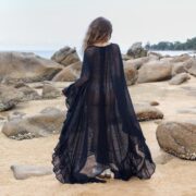 Raven Black Ondine Kaftan Dress: Plus Size Beach Cover-Up | Butterfly Mesh | Ruffled Sleeves | Flowy Maxi for Resort, Vacation, or Party - Image 3