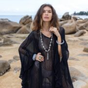 Raven Black Ondine Kaftan Dress: Plus Size Beach Cover-Up | Butterfly Mesh | Ruffled Sleeves | Flowy Maxi for Resort, Vacation, or Party - Image 4