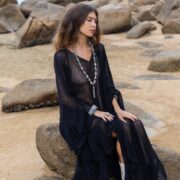 Raven Black Ondine Kaftan Dress: Plus Size Beach Cover-Up | Butterfly Mesh | Ruffled Sleeves | Flowy Maxi for Resort, Vacation, or Party - Image 5