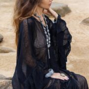 Raven Black Ondine Kaftan Dress: Plus Size Beach Cover-Up | Butterfly Mesh | Ruffled Sleeves | Flowy Maxi for Resort, Vacation, or Party - Image 6