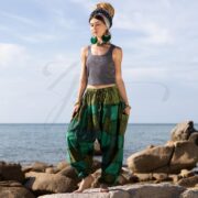 Green Patchwork Harem Pants: Boho Festival Cotton Trousers - Spiritu