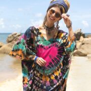 Boho Tie Dye Plus Size Tee: Red Heart V-Neck Cotton Top - Ninive - Image 4