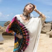 Boho Tie Dye Plus Size V-Neck Tee: Crescent Moon Design - Ninive - Image 4