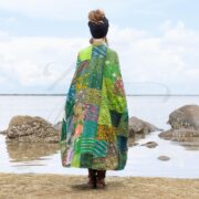 Plus Size Silk Kimono Robe: Emerald Green Floral Patchwork, Quilted Boho Style - Ember - Image 3