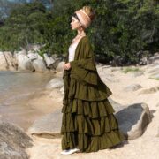 Plus Size Hand Dyed Boho Kimono: Olive Green Raw Cotton Ruffle Duster - Bali - Image 2