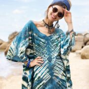 Plus Size Boho Tie Dye Tunic: Handmade Blue Starburst V-Neck - Mei - Image 4