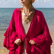 Plus Size Boho Kimono Duster: Fuchsia Hand-Dyed Cotton Ruffles - Bali - Image 6